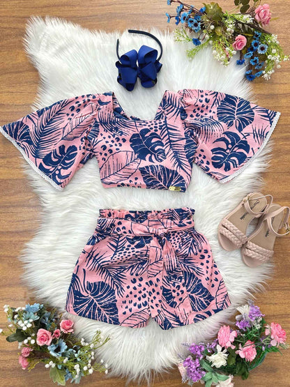 Conjunto corto floral rosa y azul para niña, informal, primavera