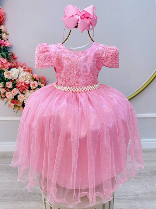 Vestido infantil de tul rosa con encaje de lujo para fiestas de boda