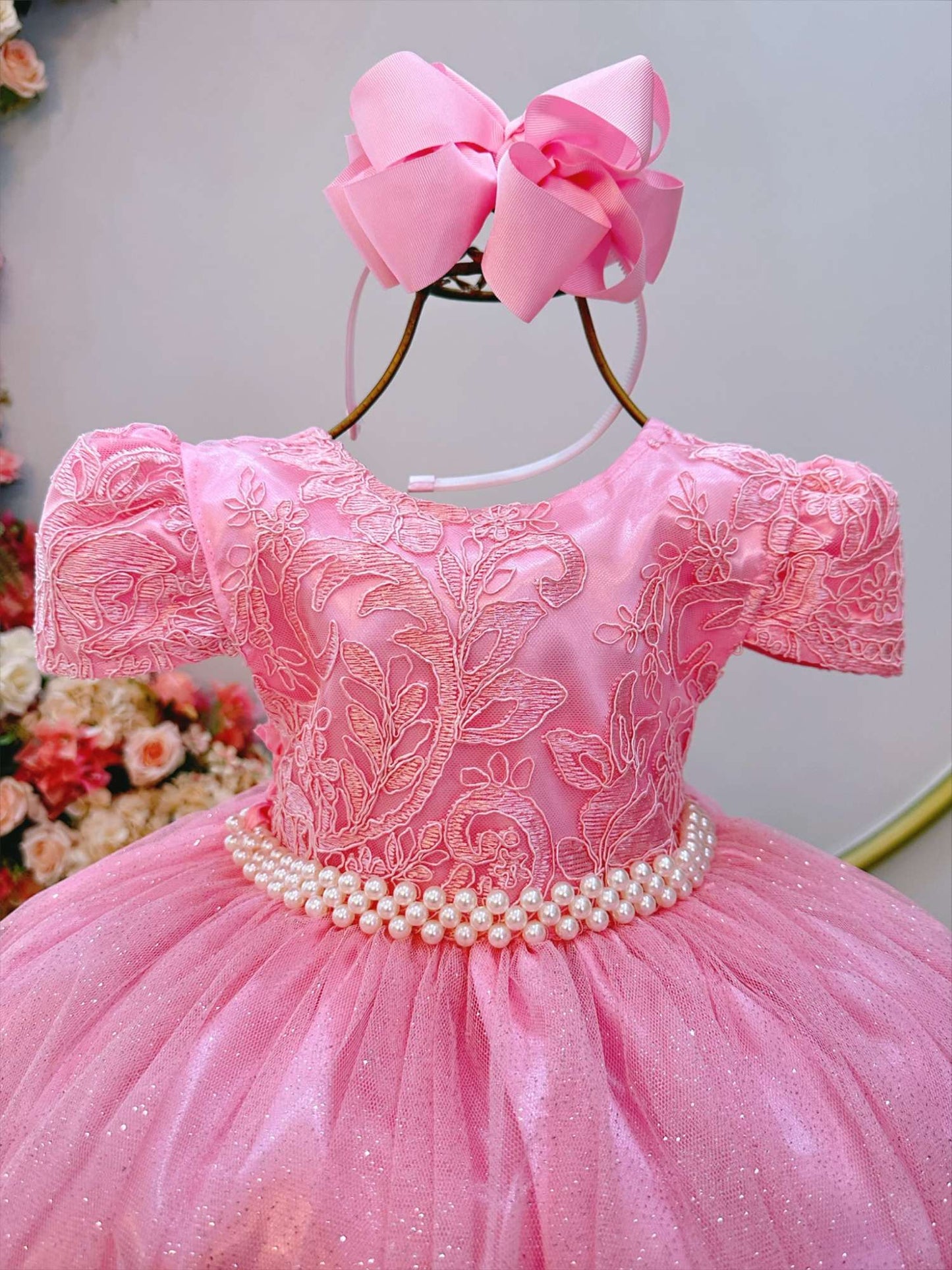 Vestido infantil de tul rosa con encaje de lujo para fiestas de boda