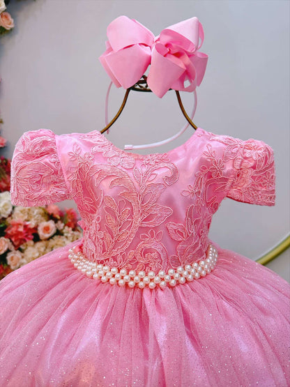 Vestido infantil de tul rosa con encaje de lujo para fiestas de boda
