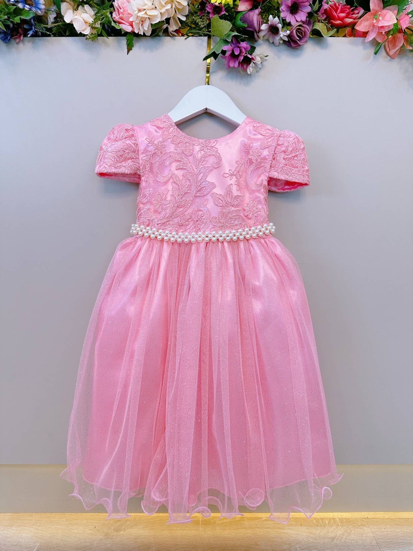 Vestido infantil de tul rosa con encaje de lujo para fiestas de boda