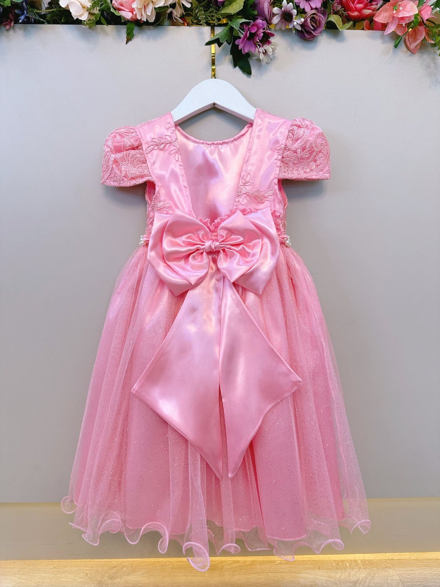 Vestido infantil de tul rosa con encaje de lujo para fiestas de boda