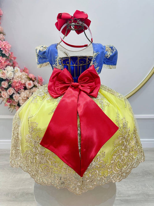 Vestido Infantil Branca de Neve Com Renda Dourada Festas