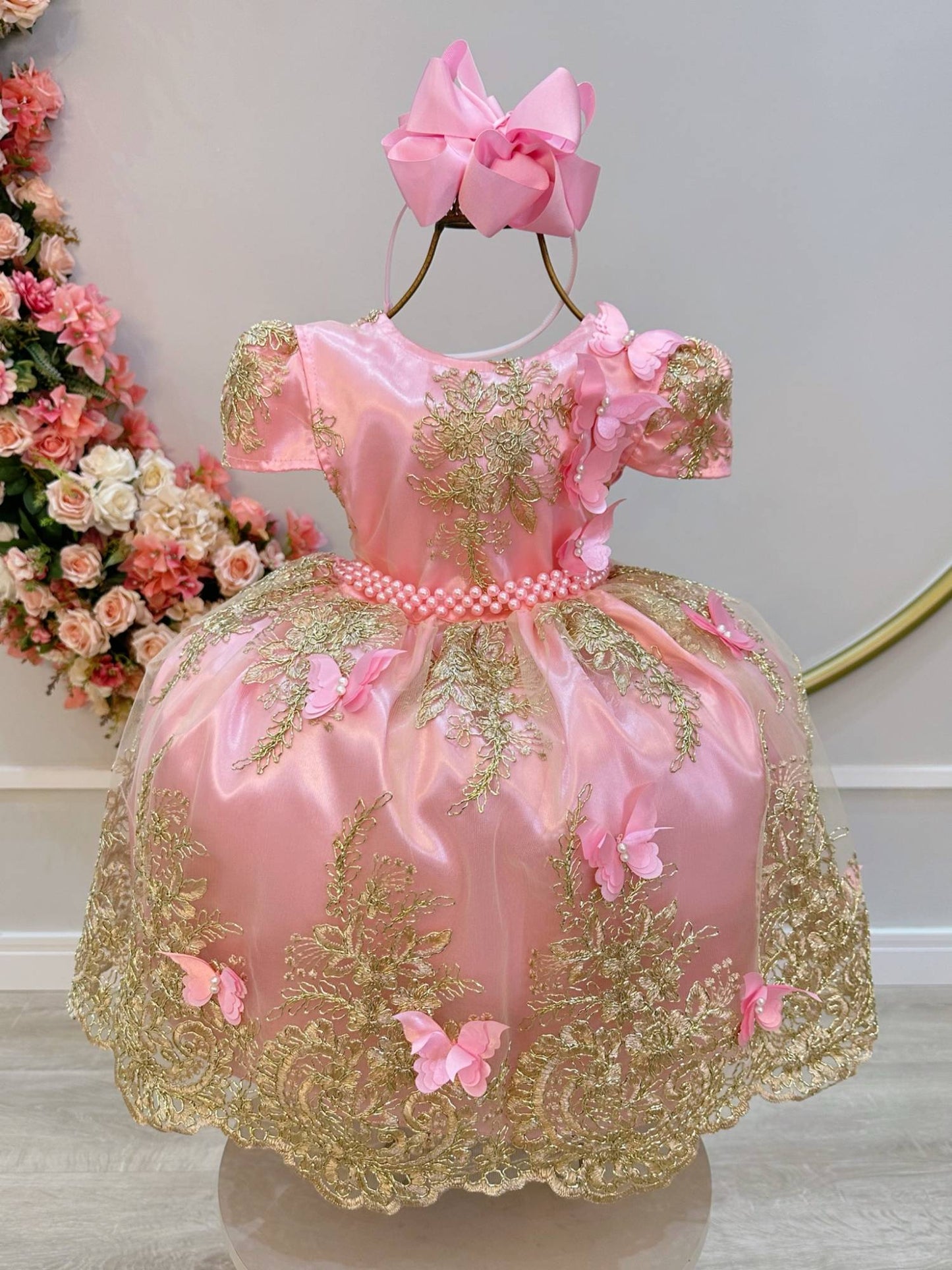 Vestido infantil de jardín encantado rosa con encaje real
