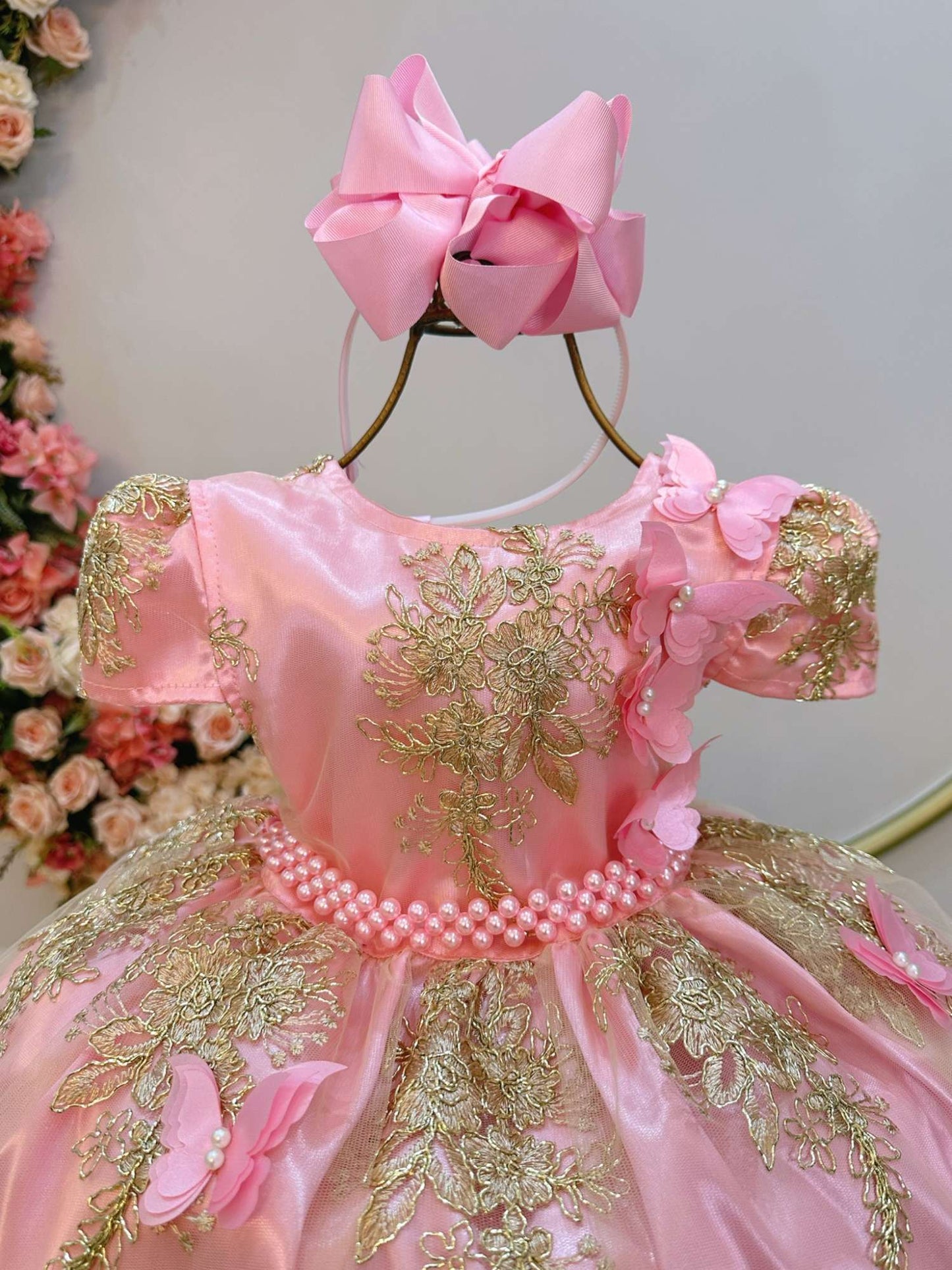 Vestido infantil de jardín encantado rosa con encaje real