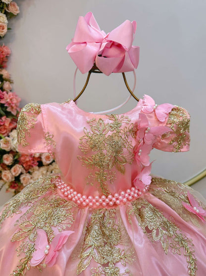 Vestido infantil de jardín encantado rosa con encaje real