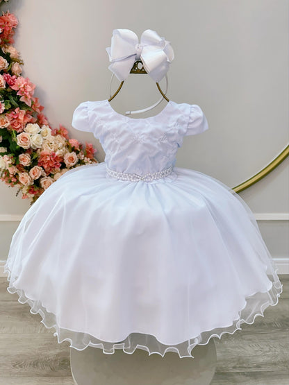 Vestido infantil blanco con busto y bordado de flores para fiesta