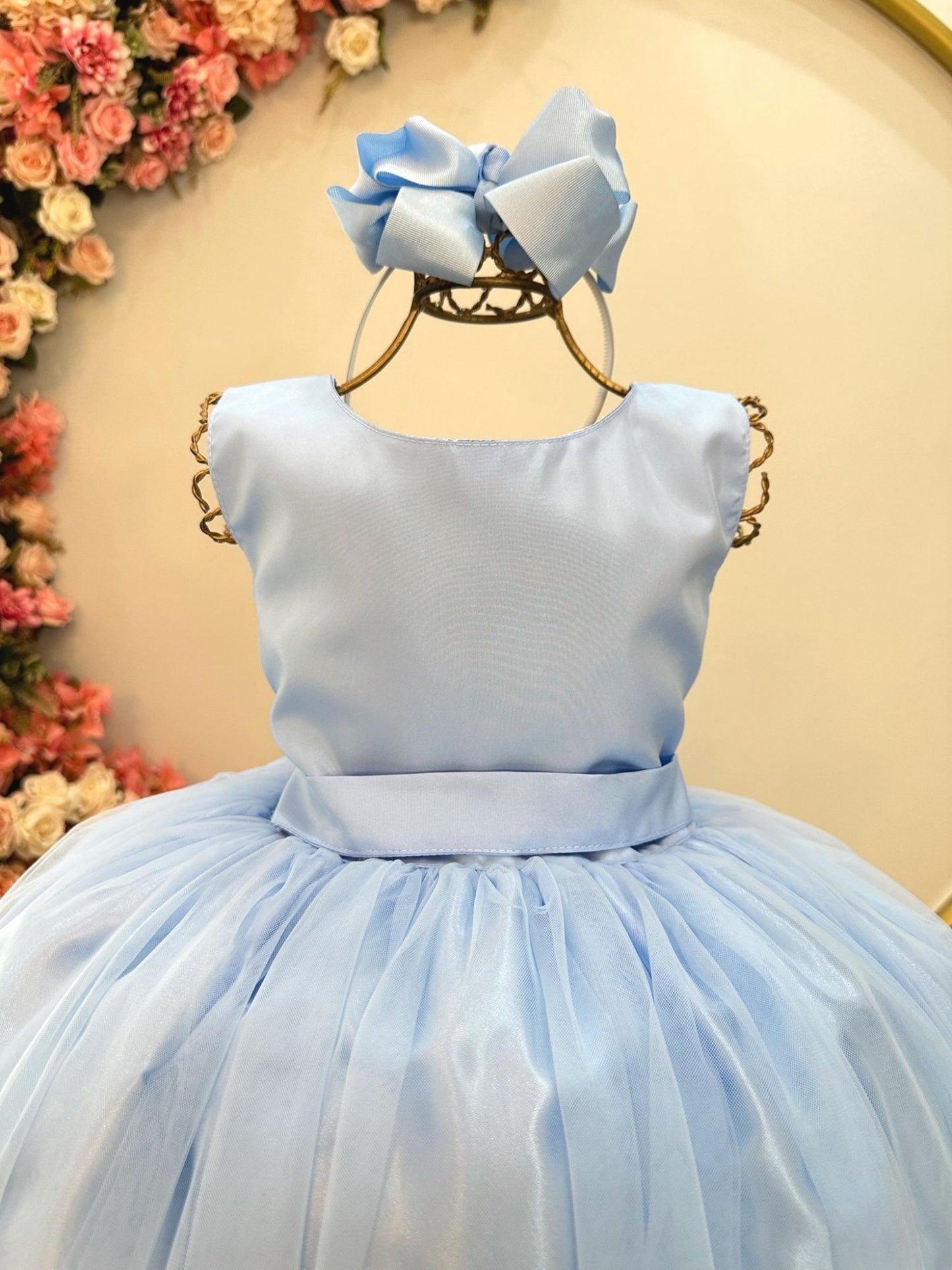 Vestido Infantil Longo Azul Bebê Claro Daminhas Festas Luxo