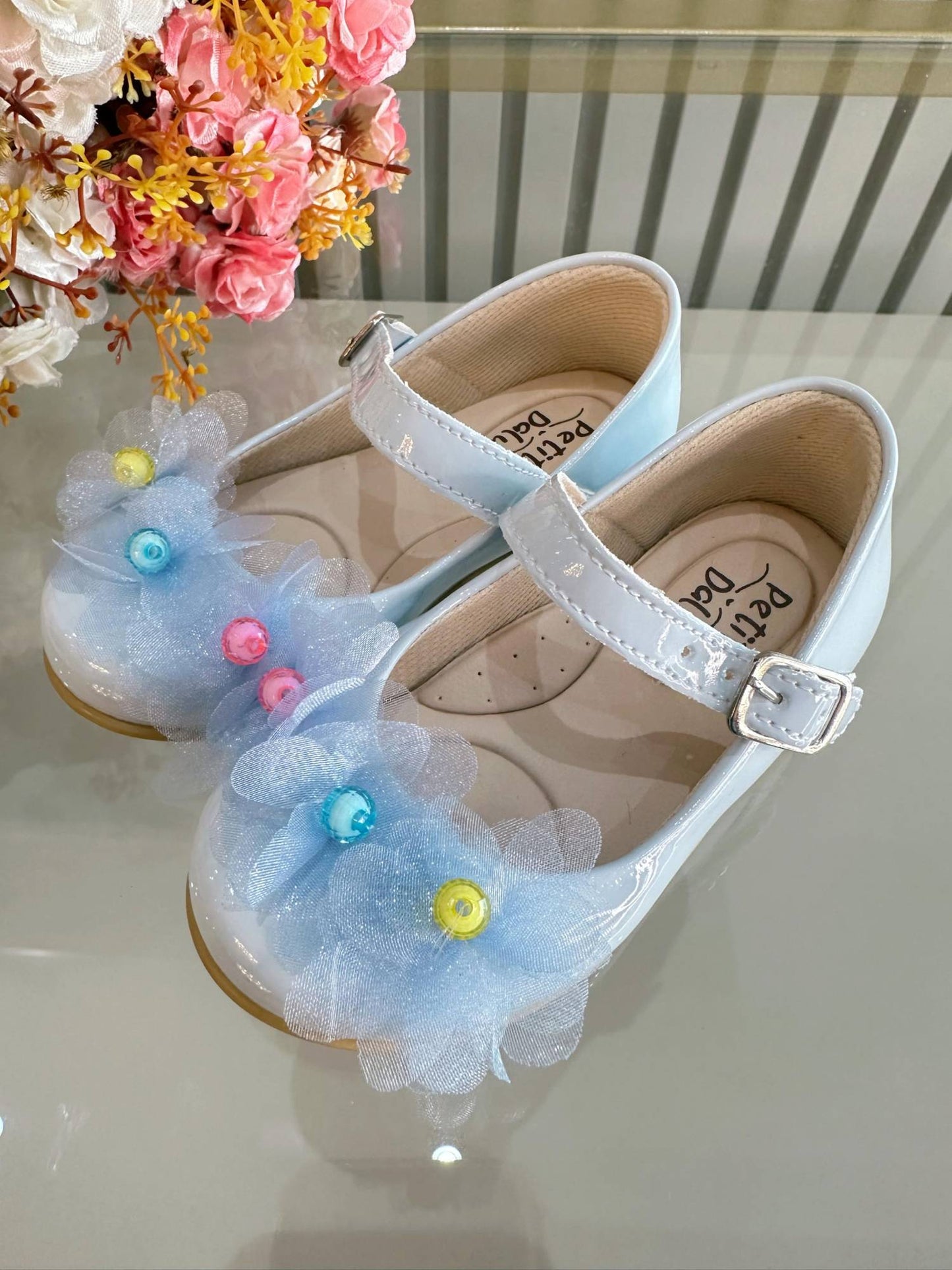 Zapatos infantiles de charol azul claro, Jardín Encantado de Lujo