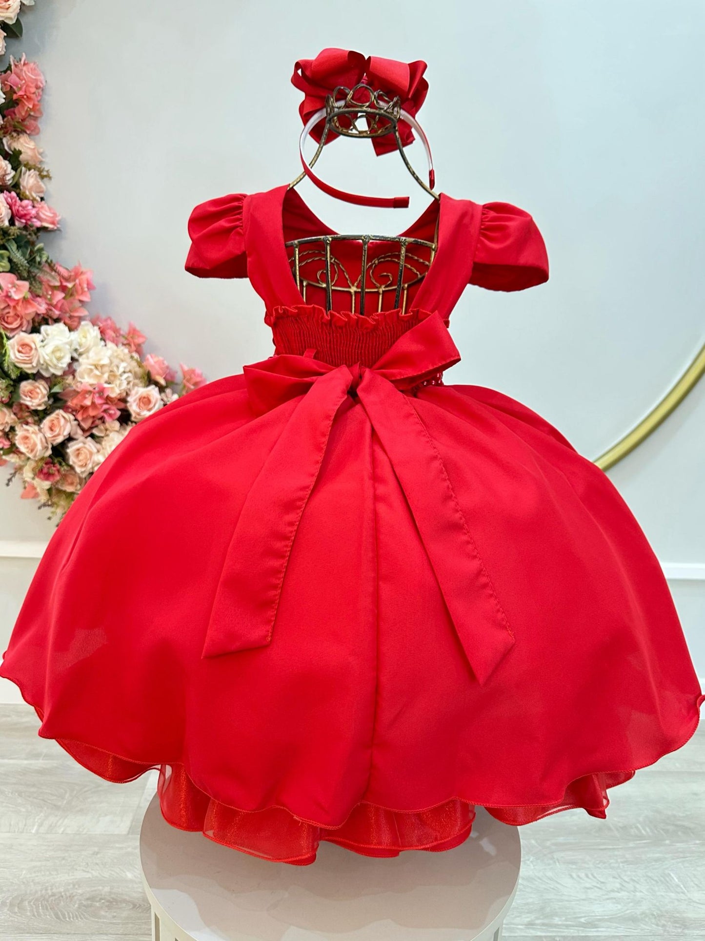 Vestido infantil rojo con cinturón de perlas, boda de lujo
