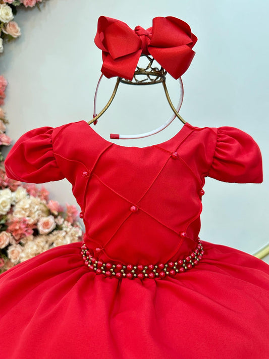 Vestido infantil rojo con cinturón de perlas, boda de lujo