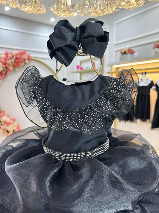 Vestido infantil Wandinha negro con cinturón de diamantes de imitación de lujo