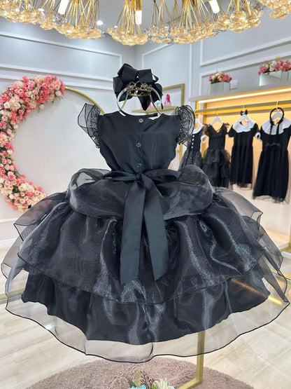 Vestido infantil Wandinha negro con cinturón de diamantes de imitación de lujo