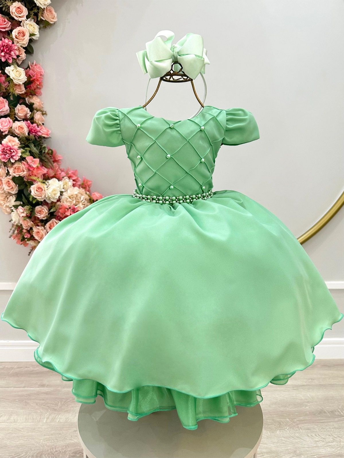 Vestido infantil verde con cinturón de perlas, boda de lujo