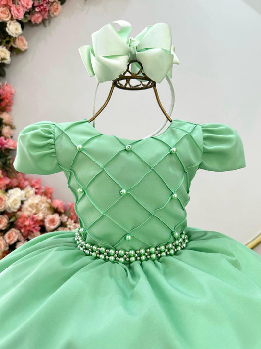 Vestido infantil verde con cinturón de perlas, boda de lujo