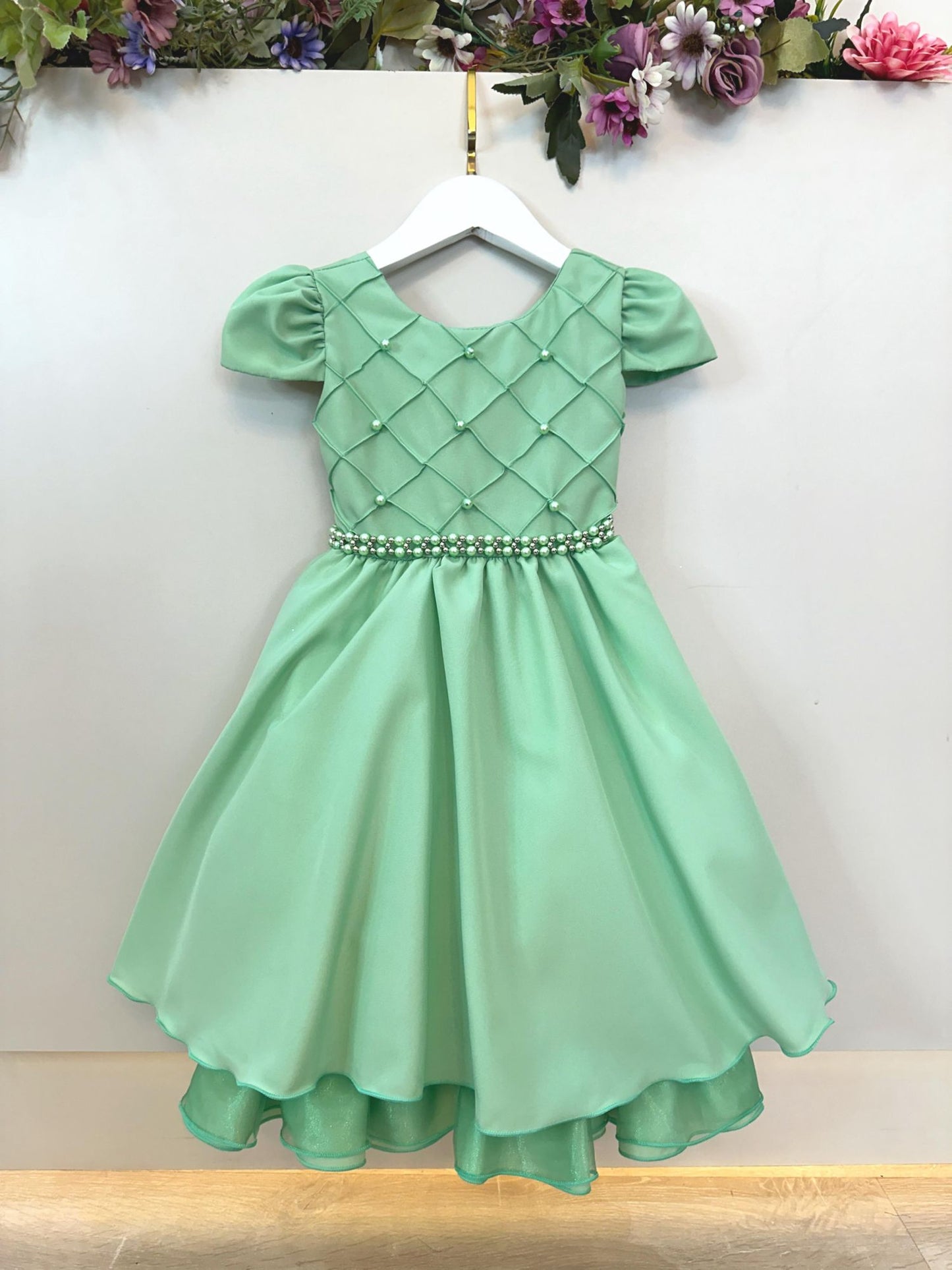 Vestido infantil verde con cinturón de perlas, boda de lujo