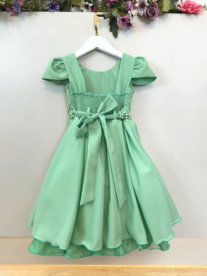 Vestido infantil verde con cinturón de perlas, boda de lujo