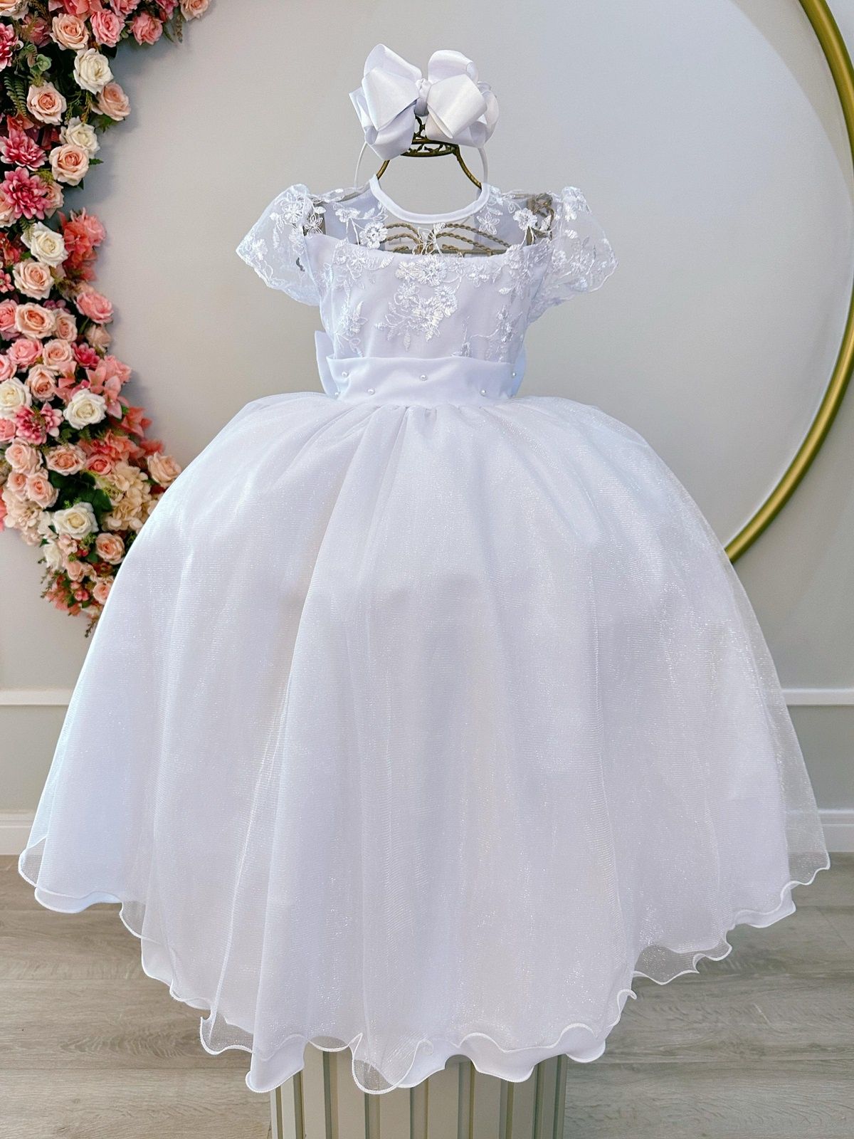 Vestido largo blanco infantil con busto y encaje de lujo para dama