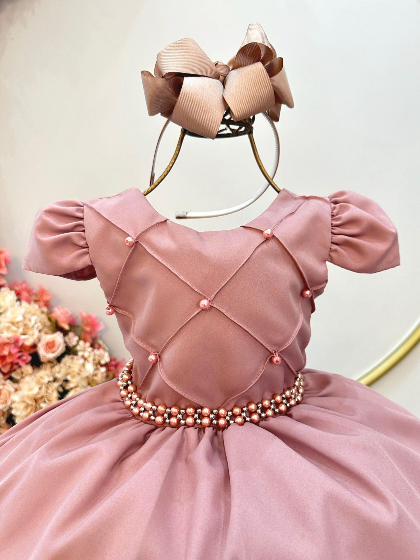Vestido Infantil Rose Busto Nervura Daminhas Festas Luxo