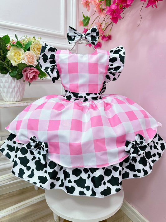 Vestido infantil de granja a cuadros blancos y rosas con lazo de vaca