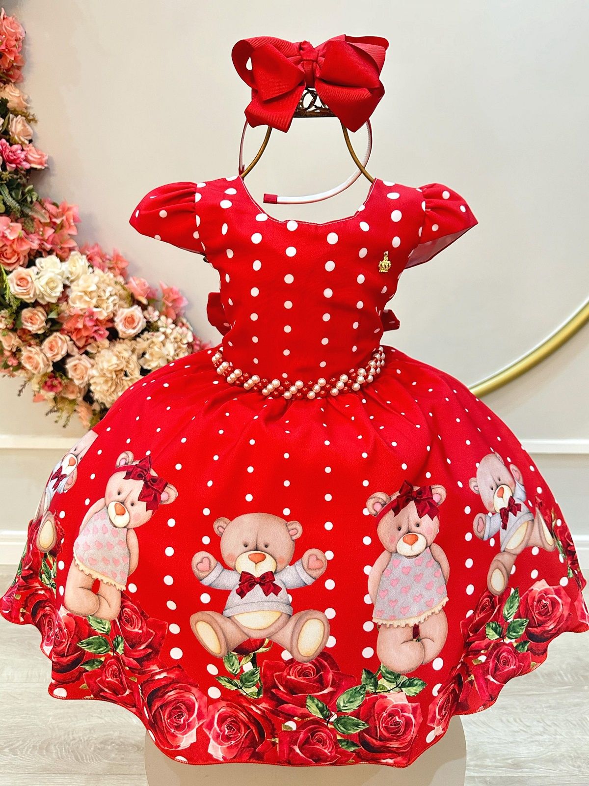Vestido de fiesta infantil rojo con osito de peluche floral de lujo