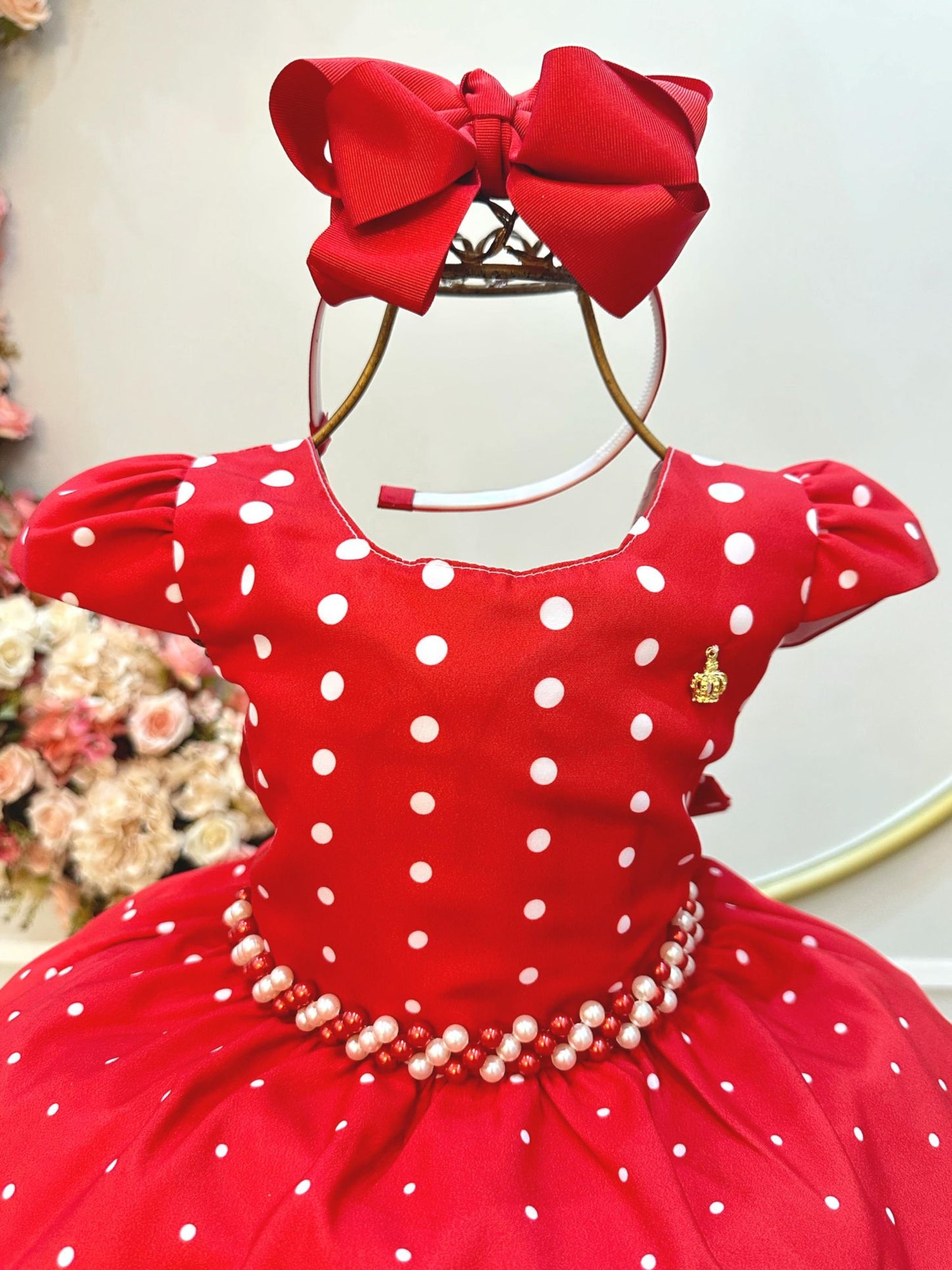 Vestido de fiesta infantil rojo con osito de peluche floral de lujo