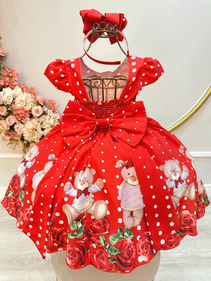 Vestido de fiesta infantil rojo con osito de peluche floral de lujo