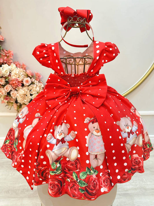 Vestido de fiesta infantil rojo con osito de peluche floral de lujo