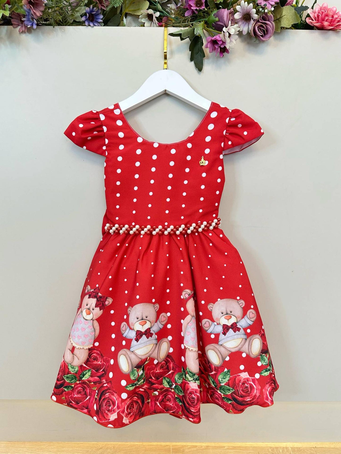 Vestido de fiesta infantil rojo con osito de peluche floral de lujo