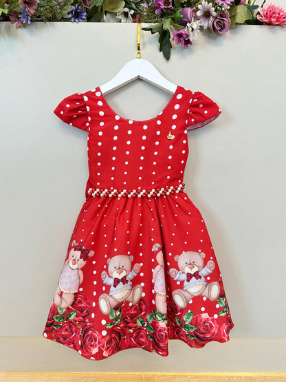 Vestido de fiesta infantil rojo con osito de peluche floral de lujo