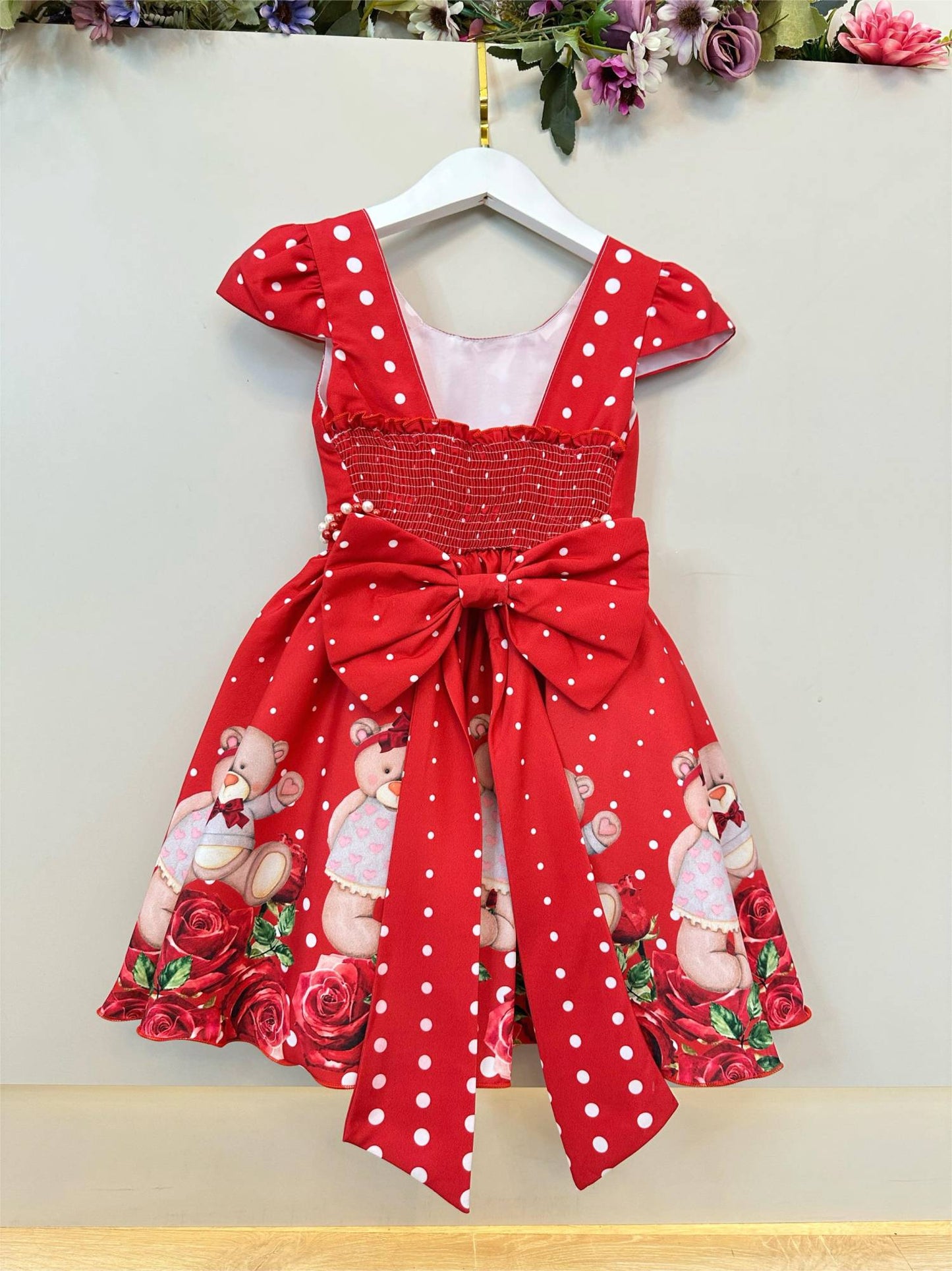 Vestido de fiesta infantil rojo con osito de peluche floral de lujo