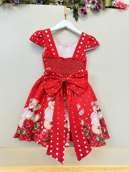 Vestido de fiesta infantil rojo con osito de peluche floral de lujo