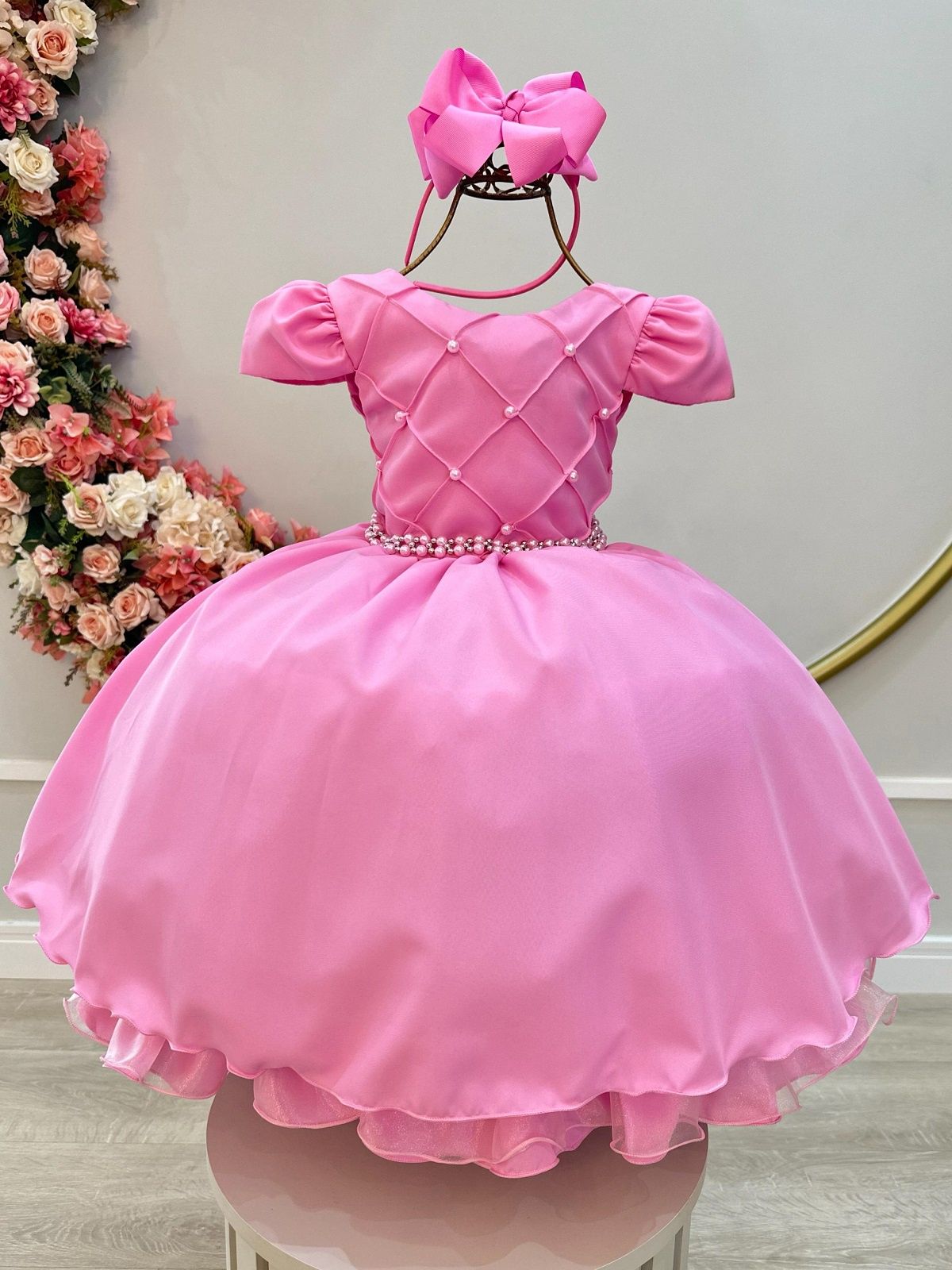 Vestido infantil rosa chicle con busto acanalado y vestido de novia para damas de honor