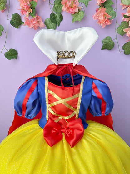 Vestido Infantil Princesa Branca de Neve Longo Com Capa