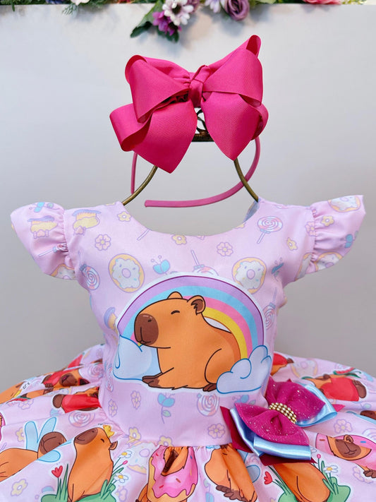 Vestido Infantil Rosa Capivara Doces Festas Aniversários