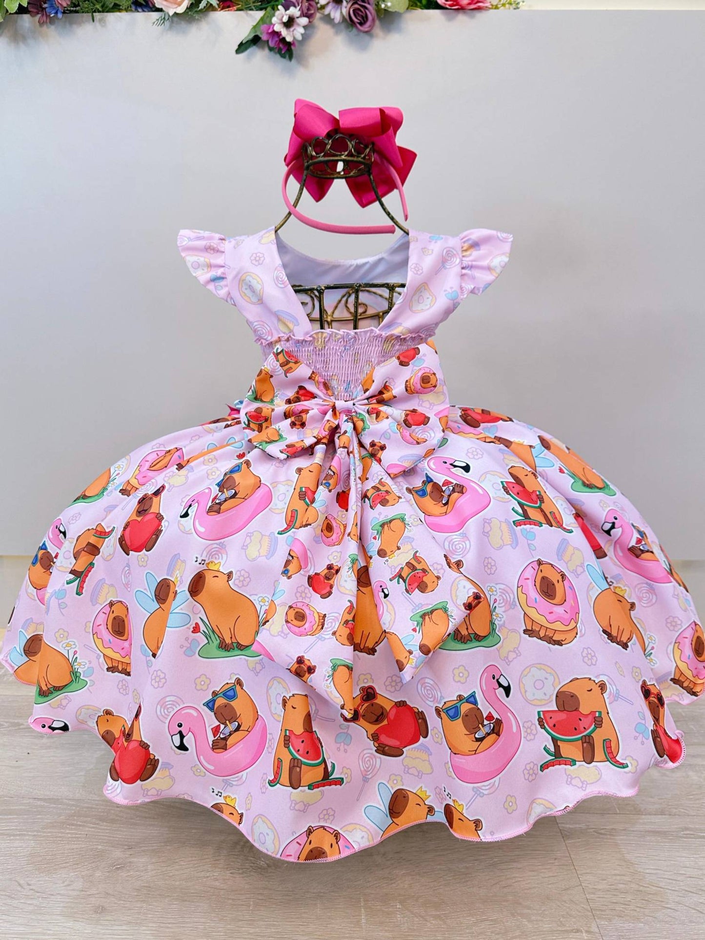 Vestido Infantil Rosa Capivara Doces Festas Aniversários