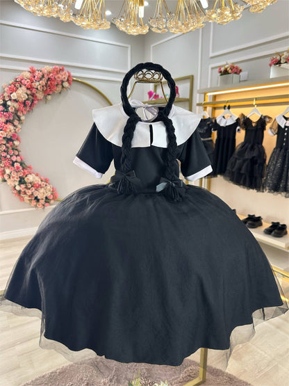 Disfraz infantil de miércoles con tiara trenzada negra para fiestas
