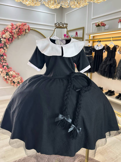 Disfraz infantil de miércoles con tiara trenzada negra para fiestas