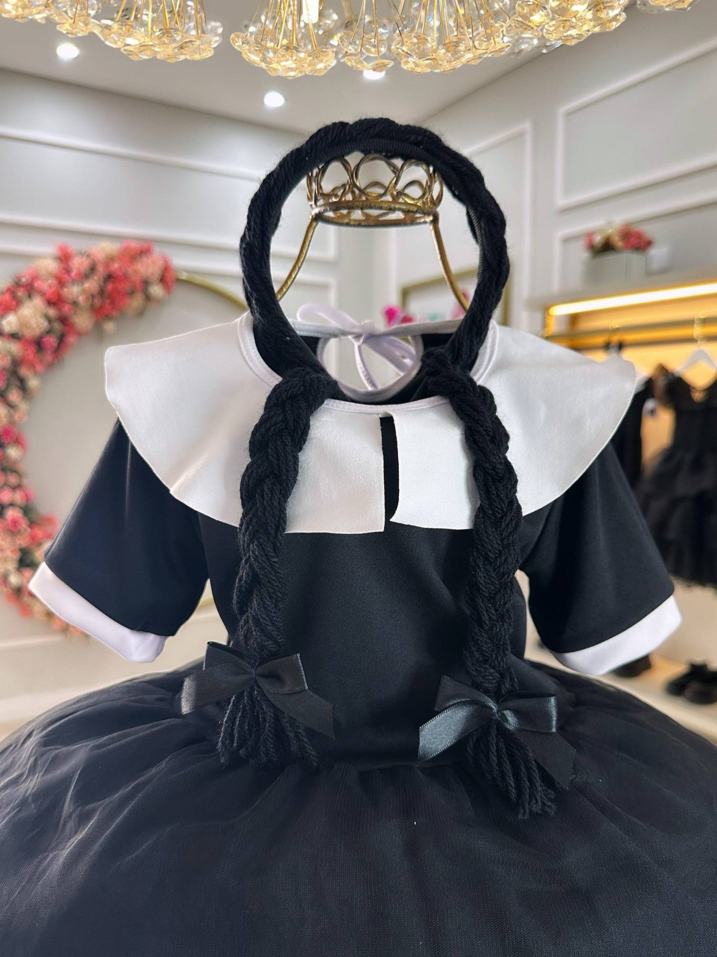 Disfraz infantil de miércoles con tiara trenzada negra para fiestas