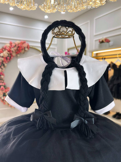 Disfraz infantil de miércoles con tiara trenzada negra para fiestas