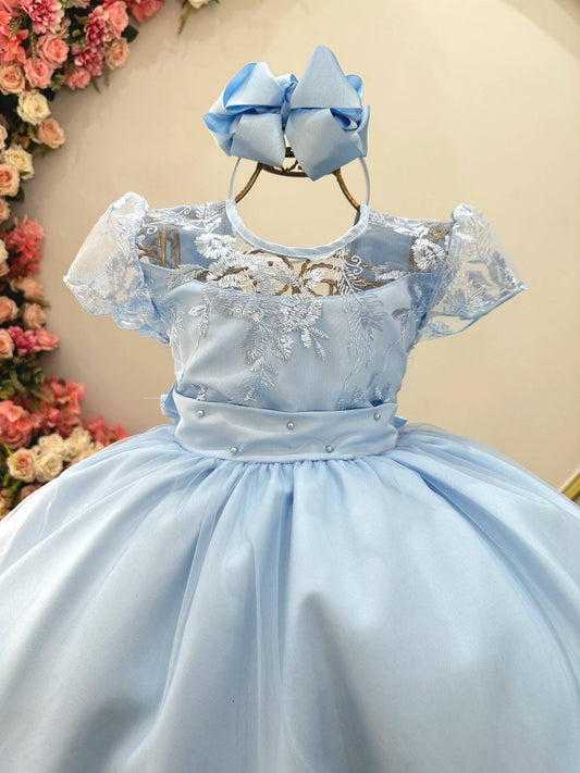 Vestido Infantil Longo Azul Claro Busto C/ Renda Luxo Damas