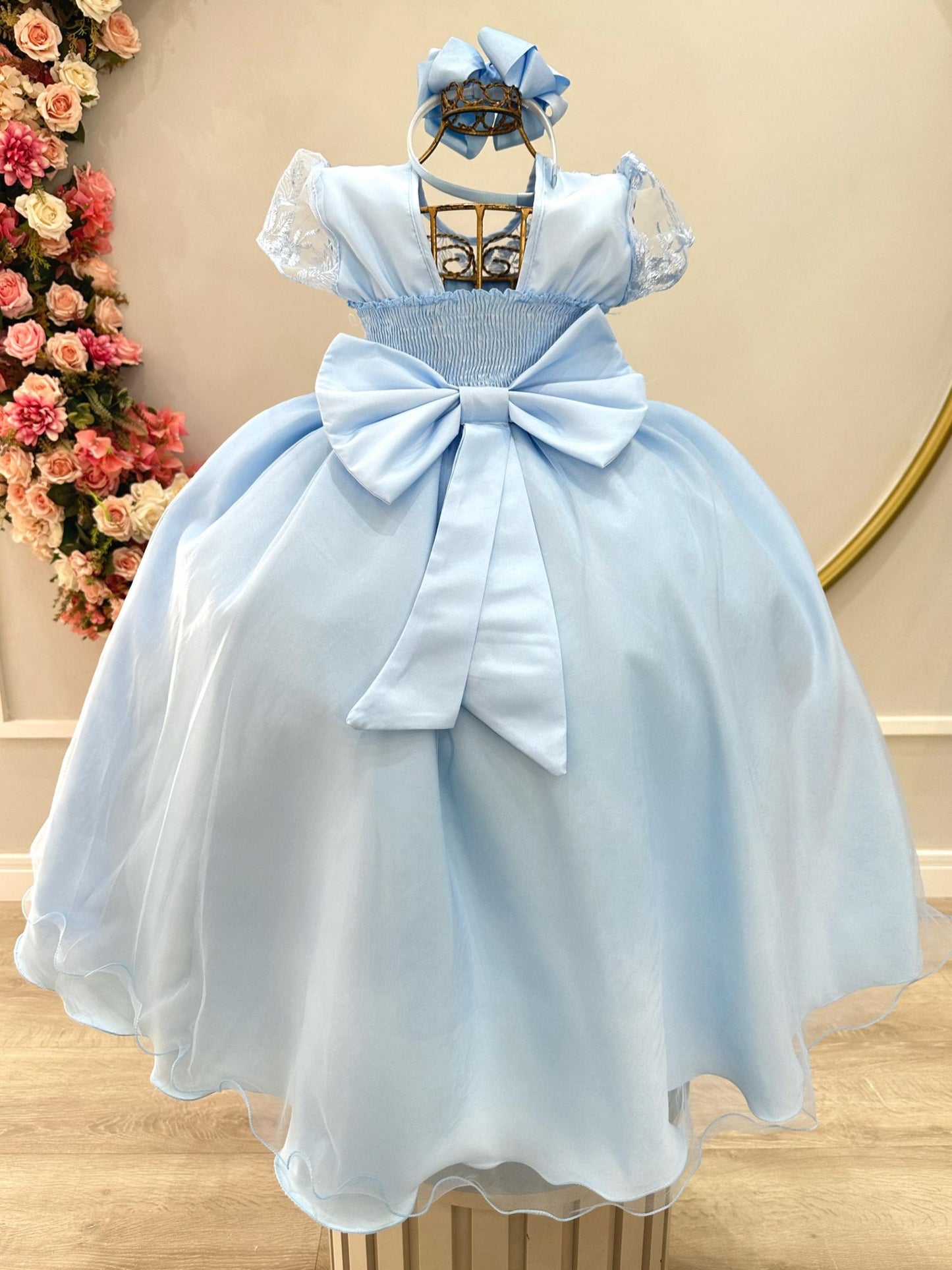 Vestido Infantil Longo Azul Claro Busto C/ Renda Luxo Damas