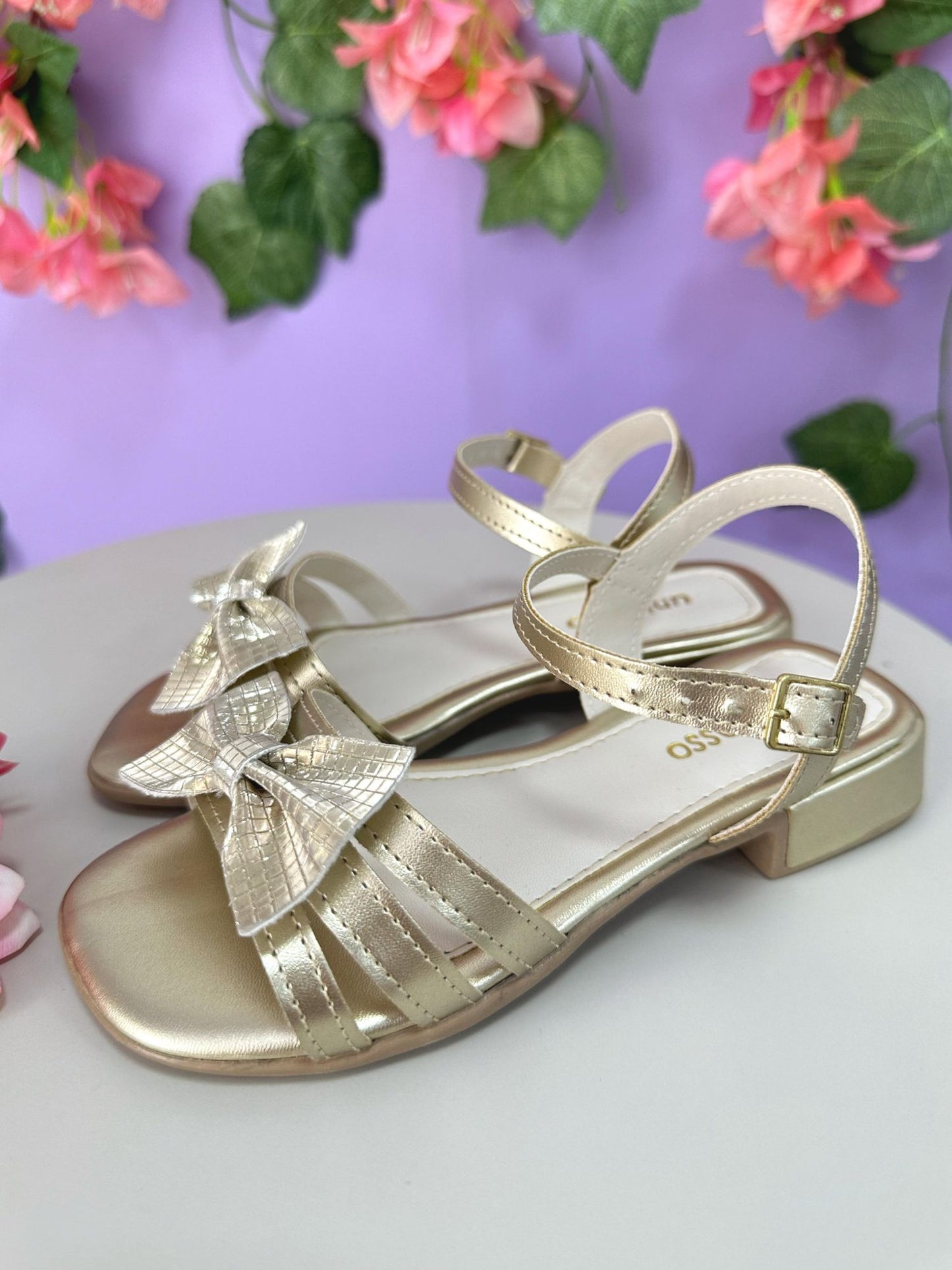 Sandalias de tiras doradas para niños con lazo y purpurina de lujo 